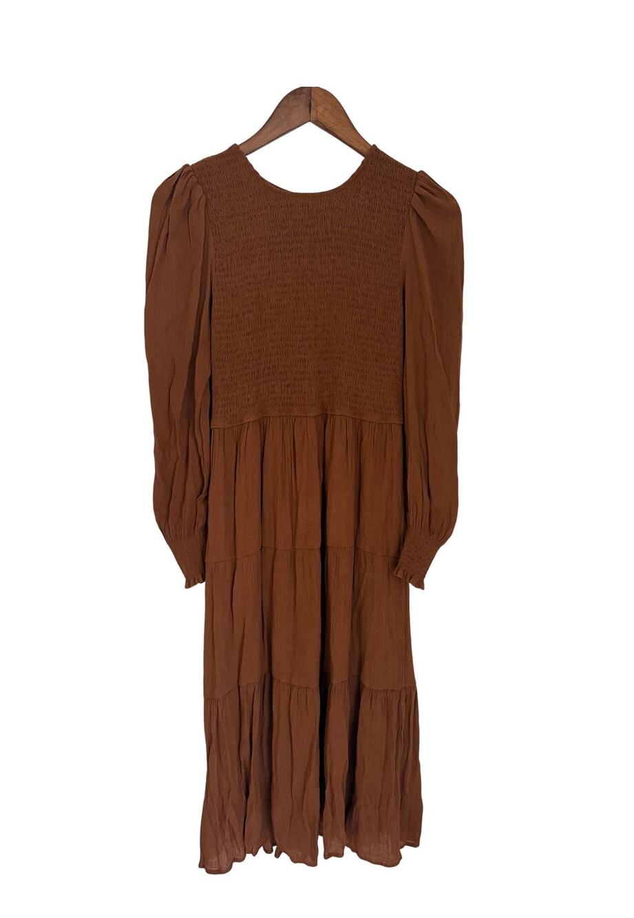 By The River Brown Long Sleeve Smocked Bodice Midi Dress Size Large